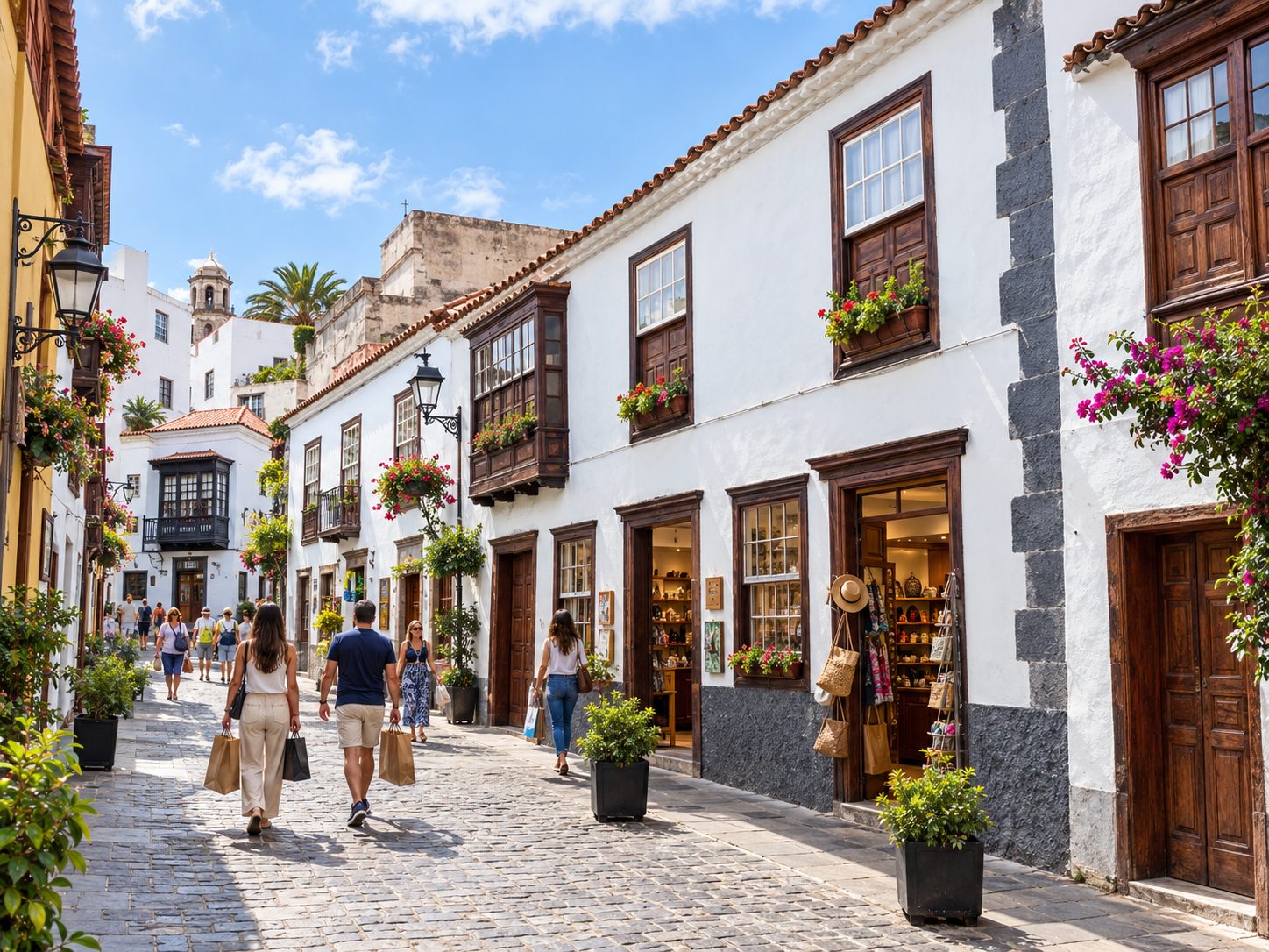 Paseo peatonal de Icod de los Vinos con tiendas abiertas y vecinos comprando